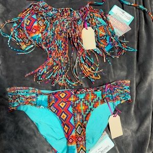 Luli fama wild free southern print fringe bikini